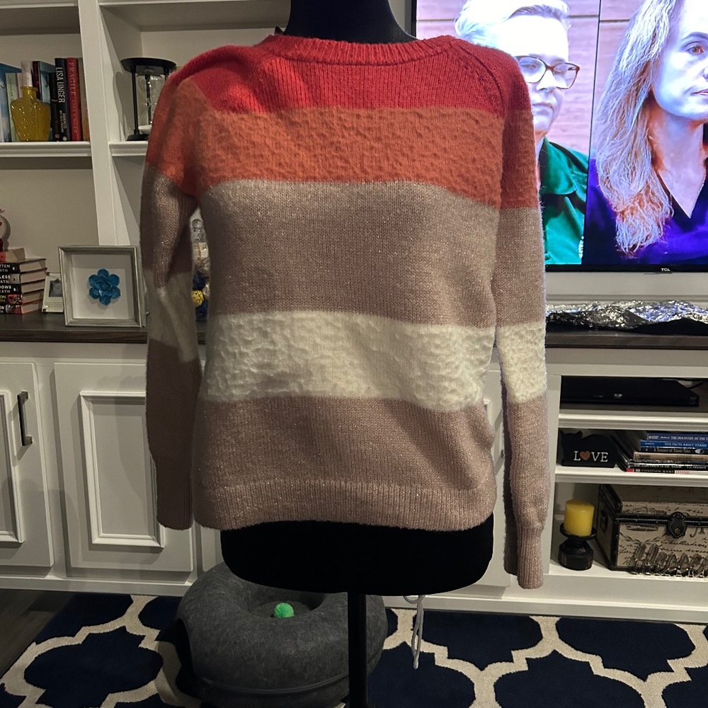 Pink beige and white striped Loft sweater